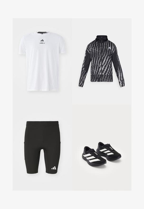 Chaqueta negra ligera con un patrón geométrico blanco. Incluye un alto cuello, cierre frontal completo y mangas largas.; Camiseta atlética blanca fabricada en un material ligero. Presenta un escote redondo, mangas cortas y un logotipo negro de "LES MILLS" en la parte frontal.; Pantalones cortos deportivos negros con un diseño ajustado, fabricados con tejido elástico. Presentan tres bolsillos y un logo blanco de Adidas en la parte inferior de la pierna.; Un par de zapatillas de running Adidas Adizero negras con rayas y cordones blancos, sobre un fondo blanco, posicionadas una al lado de la otra.