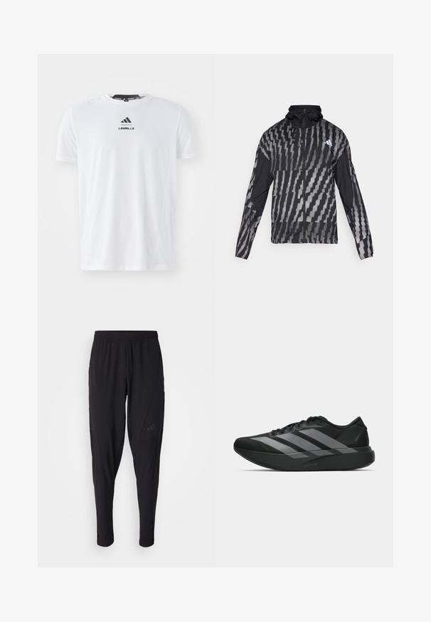 Lightweight black jacket featuring a geometric white pattern. Includes a high collar, full zip front, and long sleeves.; White athletic t-shirt made of lightweight fabric. Features a round neckline, short sleeves, and black "LES MILLS" logo on the front.; Black athletic pants with an elastic waistband, tapered design, side pockets, and subtle logo detail. Made from flexible, breathable fabric.; Black athletic shoes with a lightweight design, featuring three prominent gray stripes, a smooth texture, and a contoured sole.