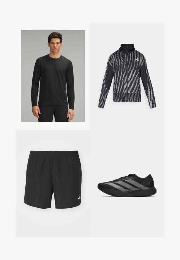 Kerge must jakk, millel on geomeetriline valge muster. Sisaldab kõrget kaelust, täispikkuse visiiri ning pikki varrukaid.; Must mustariga pikkade varrukatega särk, millel on tekstuuriga muster, ümar kaelus ja raglansleeved, kantud mustade treeningpõhjadega.; Mustad mustus treeningpükstest elastse vöökoha, külgrihmade ja peegeldavate logo elementidega. Valmistatud kergest ja siledast kangast.; Must have mustangid! Need light and trendy athletic shoes? These black sneakers have a streamlined design featuring three large hallal gray stripes. Their smooth texture and ergonomically contoured sole provide ultimate comfort.