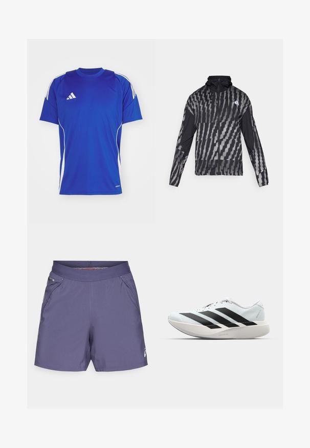 Casaco preto leve com um padrão geométrico branco. Inclui colarinho alto, fecho éclair frontal completo e mangas longas.; T-shirt desportivo azul feito de tecido leve, com detalhes brancos nos ombros e laterais, e um pequeno logotipo no peito.; Calções atléticos masculinos em roxo, feitos de um tecido leve. Apresentam uma cintura elástica e bolsos laterais com um pequeno logotipo na barra.; Tênis de corrida leves em azul pálido com riscas pretas. Apresentam um cabedal liso, bico redondo e uma entressola espessa branca rotulada como "LIGHTSTRIKE PRO."