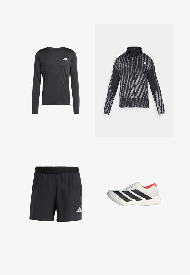 Leichte schwarze Jacke mit einem geometrischen weißen Muster. Enthält einen hohen Kragen, einen durchgehenden Reißverschluss und lange Ärmel.; Schwarzes langärmliges Sportshirt aus glattem, leichtem Material mit einem kleinen weißen Logo oben links. Einfaches und figurbetontes Design.; Schwarze Sportshorts mit elastischem Bund, die eine glatte Textur aufweisen und ein reflektierendes weißes Logo auf der unteren linken Seite haben.; Weißer Sportschuh mit schwarzen diagonalen Streifen, roten Akzenten an der Ferse und einer strukturierten Oberfläche; ausgestattet mit LIGHTSTRIKE PRO Dämpfung.