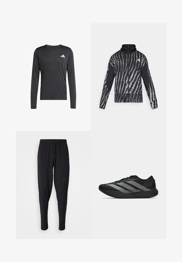 Lekka czarna kurtka z geometrycznym białym wzorem. Posiada wysoki kołnierz, pełny zamek z przodu i długie rękawy.; Czarna, długosleeve'owa koszulka sportowa z gładkiego, lekkiego materiału, z małym białym logo na górnej lewej stronie. Prosty i dopasowany krój.; Czarne spodnie sportowe z elastycznym pasem, zwężanym krojem, bocznymi kieszeniami i subtelnym logo. Wykonane z elastycznego, przewiewnego materiału.; Czarne buty sportowe o lekkiej konstrukcji, z trzema wyraźnymi szarymi paskami, gładką fakturą i wyprofilowaną podeszwą.