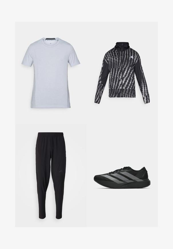 Lettet sort jakke med et geometrisk hvidt mønster. Inkluderer en høj krave, fuld lynlås fortil og lange ærmer.; Lys grå trænings T-shirt med korte ærmer, rund hals og subtilt logo foran. Blødt stof, glat tekstur og sidelommer.; Sorte træningsbukser med elastisk talje, tætsiddende design, sidelommer og diskret logo-detail. Fremstillet af fleksibelt, åndbart stof.; Sorte atletiske sko med et let design, der har tre fremtrædende grå striber, en glat overflade og en formet sål.