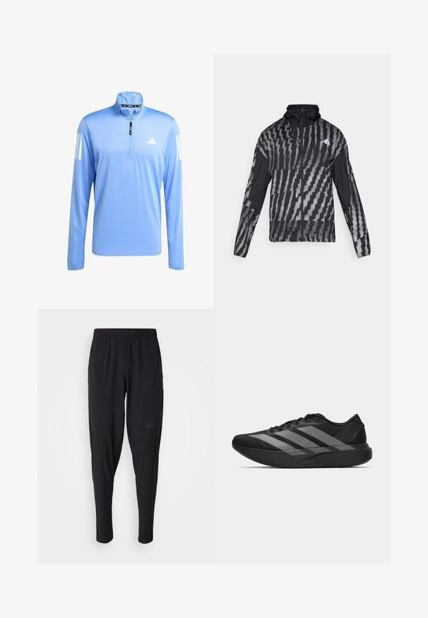 Lightweight black jacket featuring a geometric white pattern. Includes a high collar, full zip front, and long sleeves.; Light blue long-sleeve sport shirt with a quarter zipper, made from smooth fabric. Features white three-stripe accents on both sleeves.; Black athletic pants with an elastic waistband, tapered design, side pockets, and subtle logo detail. Made from flexible, breathable fabric.; Black athletic shoes with a lightweight design, featuring three prominent gray stripes, a smooth texture, and a contoured sole.