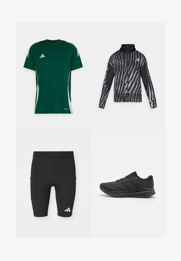 Kevyt musta takki, jossa on geometrinen valkoinen kuvio. Sisältää korkean kauluksen, täyden vetoketjun edessä ja pitkät hihat.; Vihreä urheilupaita lyhyillä hihoilla, jossa on valkoiset sivuraidat ja brodeerattu logo vasemmassa rinnassa. Valmistettu hengittävästä kankaasta.; Mustat urheilushortsit, joissa on tiukka malli ja jotka on valmistettu venyvästä kankaasta. Ominaisuuksiin kuuluu kolme taskua ja valkoinen Adidas-logo alhaalla jalassa.; Musta urheilukengät, joissa on verkkomateriaali yläosassa, kumipohja, tekstuuri ja kolme raitaa sivussa. Vaahdotettu pehmustus mukavuutta varten.