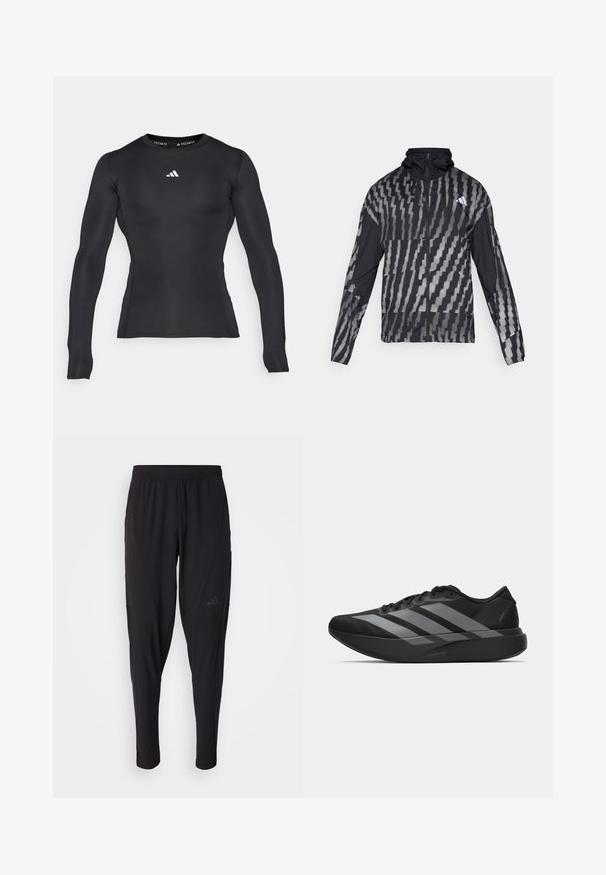 Lengvas juodas švarkas su geometriniu baltu raštu. Su aukšta apykakle, pilnu užtrauktuku ir ilgomis rankovėmis.; Juodas ilgarankovė kompresinė marškinėliai, pagaminti iš tamprus medžiagos. Turintys apvalų iškirpimą ir mažą baltą logotipą krūtinėje.; Juodos sportinės kelnės su elastinga juosmeniu, siaurėjantis dizainas, šoninės kišenės ir subtilus logotipo detalė. Pagamintos iš lankstaus, kvėpuojančio audinio.; Juodos sportinės avalynės, lengvos konstrukcijos, su trimis aiškiomis pilkomis juostomis, lygiu paviršiumi ir kontūrine padu.