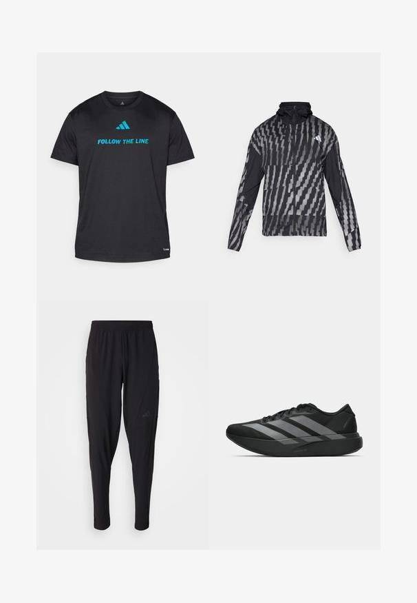 Lettet sort jakke med et geometrisk hvidt mønster. Inkluderer en høj krave, fuld lynlås fortil og lange ærmer.; Sort atletisk t-shirt lavet af letvægtsstof, med "FOLLOW THE LINE" i lys blå og et lille logo nær kanten.; Sorte træningsbukser med elastisk talje, tætsiddende design, sidelommer og diskret logo-detail. Fremstillet af fleksibelt, åndbart stof.; Sorte atletiske sko med et let design, der har tre fremtrædende grå striber, en glat overflade og en formet sål.