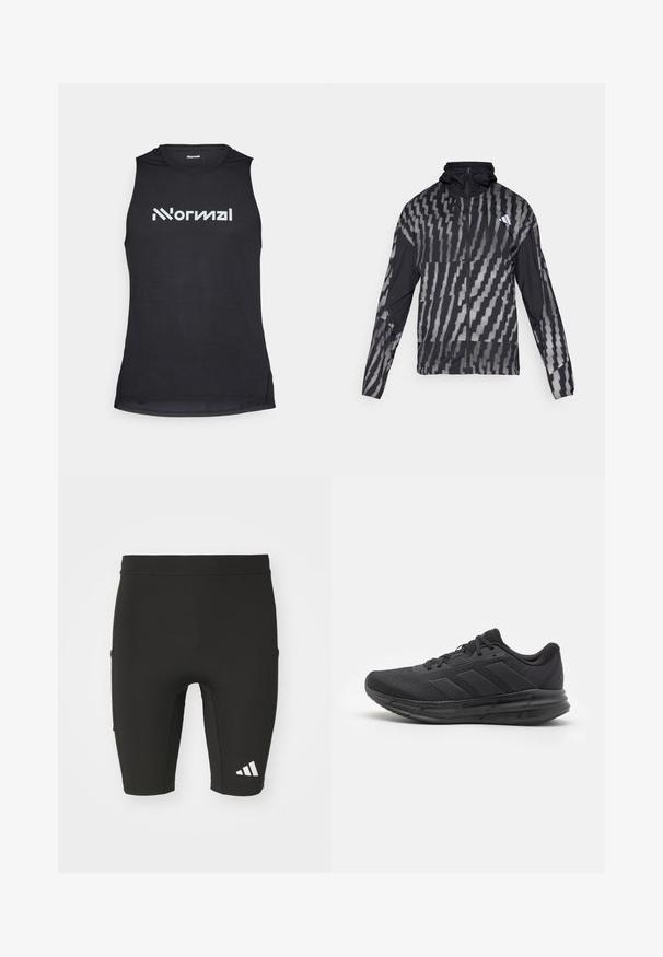 Giacca nera leggera con un motivo geometrico bianco. Include un colletto alto, zip frontale completa e maniche lunghe.; Canotta sportiva nera senza maniche con un tessuto testurizzato, caratterizzata da un logo bianco ben visibile sul davanti.; Pantaloni sportivi neri con un design aderente, realizzati in tessuto elasticizzato. Presentano tre tasche e un logo Adidas bianco sulla gamba inferiore.; Scarpa sportiva nera con tomaia in rete, suola in gomma, design testurizzato e dettaglio a tre strisce sul lato. Imbottitura in schiuma per il comfort.