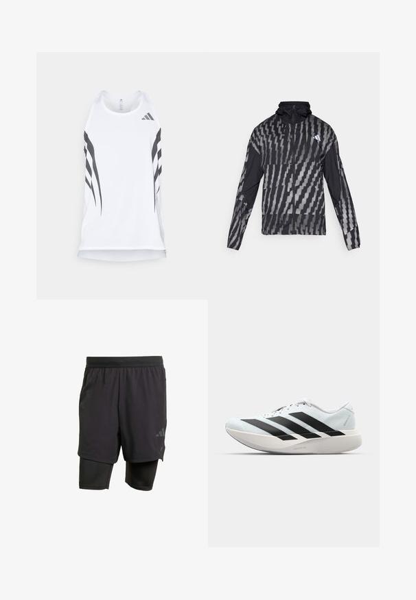 Lightweight black jacket featuring a geometric white pattern. Includes a high collar, full zip front, and long sleeves.; White athletic tank top with mesh texture, featuring black diagonal stripes and an Adidas logo near the neckline. Racerback design.; Black athletic shorts with integrated inner layer, made from breathable fabric. Features subtle logo and structured texture. Adjustable waistband.; Lightweight running shoes in pale blue with black stripes. Features a smooth upper, round toe, and thick white midsole labeled "LIGHTSTRIKE PRO."