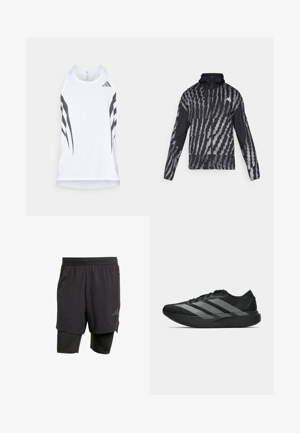 Leichte schwarze Jacke mit einem geometrischen weißen Muster. Enthält einen hohen Kragen, einen durchgehenden Reißverschluss und lange Ärmel.; Weißes sportliches Tanktop mit Mesh-Textur, ausgestattet mit schwarzen diagonalen Streifen und einem Adidas-Logo in der Nähe des Ausschnitts. Racerback-Design.; Schwarze Sportshorts mit integrierter Innenschicht, aus atmungsaktivem Material hergestellt. Mit dezentem Logo und strukturierter Textur. Verstellbarer Bund.; Schwarze Sportschuhe mit einem leichten Design, ausgestattet mit drei auffälligen grauen Streifen, einer glatten Textur und einer konturierten Sohle.