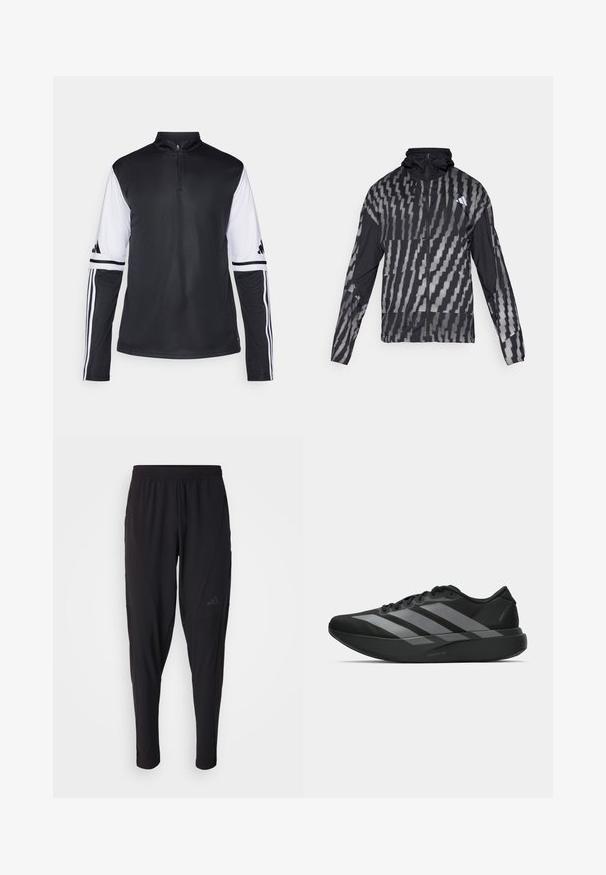 Lahka črna jakna s geometrijskim belim vzorcem. Ima visok ovratnik, poln zadrgo in dolge rokave.; Črno-bela dolgosleeva atletska majica s četrt-skojnikom in tremi črtami na rokavih ter logotipom. Gladko tekstura tkanine.; Črne športne hlače z elastiko v pasu, zožanega kroja, stranskimi žepi in diskretnim logotipom. Narejene iz fleksibilnega, zračnega materiala.; Crne atletske čevlje z lahkotno zasnovo, ki imajo tri izrazite sive črte, gladko teksturo in oblikovano podplat.