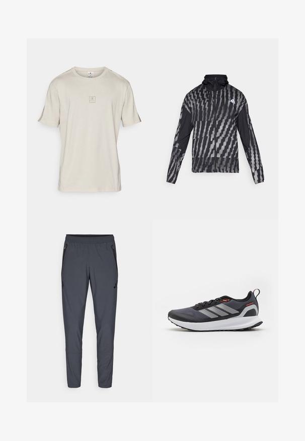 Lightweight black jacket featuring a geometric white pattern. Includes a high collar, full zip front, and long sleeves.; Champion CREWNECK SMALL LOGO - Print T-shirt - beige; Gray athletic pants with an elastic waistband, zippered side pockets, and a logo detail on the left thigh. Made of lightweight fabric.; Running shoes in black with gray accents. Features a textured upper, sturdy sole, and reflective stripes. Lightweight design with a cushioned midsole.