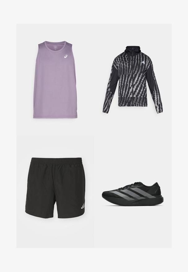 Leichte schwarze Jacke mit einem geometrischen weißen Muster. Enthält einen hohen Kragen, einen durchgehenden Reißverschluss und lange Ärmel.; Lila Sporttanktop mit Rundhalsausschnitt und ohne Ärmel. Verfügt über ein kleines weißes Logo auf der Brust. Hergestellt aus leichtem Stoff.; Schwarze Sportshorts mit einem elastischen Taillenbund, seitlichen Schlitzen und reflektierenden Logoakzenten. Hergestellt aus leichtem, glattem Material.; Schwarze Sportschuhe mit einem leichten Design, ausgestattet mit drei auffälligen grauen Streifen, einer glatten Textur und einer konturierten Sohle.