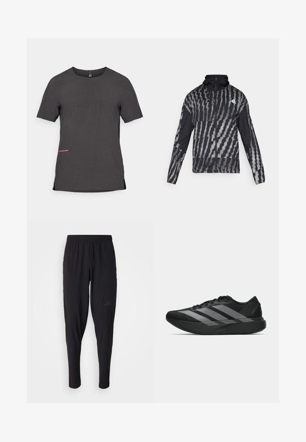 Kerge must jakk, millel on geomeetriline valge muster. Sisaldab kõrget kaelust, täispikkuse visiiri ning pikki varrukaid.; Lühikeste varrukatega must sportlik t-särgi, millel on perforeeritud muster, külgmised lõhikud ja oranž logo detail helmel. Sile ja kerge kangas.; Mustad mustat spordipüksid elastse vöökohtaga, kitseneva disaini, küljetaskute ja peene logodetailiga. Valmistatud paindlikust ja hingavast kangast.; Must have mustangid! Need light and trendy athletic shoes? These black sneakers have a streamlined design featuring three large hallal gray stripes. Their smooth texture and ergonomically contoured sole provide ultimate comfort.