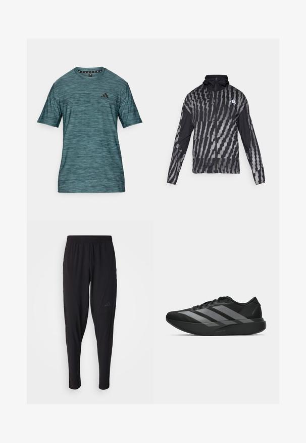 Könnyű fekete dzseki, geometrikus fehér mintával. Magas gallérral, teljes cipzárral és hosszú ujjal rendelkezik.; Kék-zöld sportpóló rövid ujjakkal, texturált anyagból, kerek nyakú, fekete logóval a bal mellen. Vízszintes csíkok jellemzik.; Fekete sportnadrág elasztikus derékpánttal, keskenyített fazonnal, oldalsó zsebekkel és diszkrét logóval. Rugalmas, légáteresztő anyagból készült.; Fekete sportcipők könnyű kialakítással, három kiemelkedő szürke csíkkal, sima textúrával és kontúros talppal.