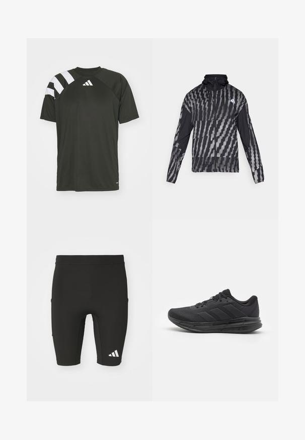 Kevyt musta takki, jossa on geometrinen valkoinen kuvio. Sisältää korkean kauluksen, täyden vetoketjun edessä ja pitkät hihat.; Mustat urheilu t-paita, jossa on valkoiset raidat olkapäissä. Ominaisuuksiin kuuluu pyöreä kaula-aukko ja pieni logo rinnassa. Valmistettu kevyestä kankaasta.; Mustat urheilushortsit, joissa on tiukka malli ja jotka on valmistettu venyvästä kankaasta. Ominaisuuksiin kuuluu kolme taskua ja valkoinen Adidas-logo alhaalla jalassa.; Musta urheilukengät, joissa on verkkomateriaali yläosassa, kumipohja, tekstuuri ja kolme raitaa sivussa. Vaahdotettu pehmustus mukavuutta varten.