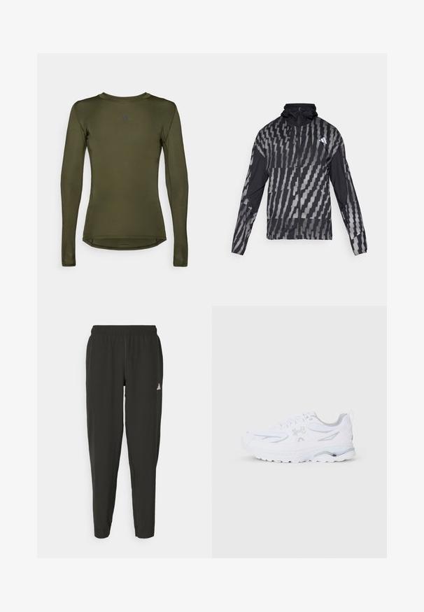 Lightweight black jacket featuring a geometric white pattern. Includes a high collar, full zip front, and long sleeves.; Long-sleeve athletic top in olive green, made of smooth, stretchy fabric. Features a round neck and subtle logo at the chest.; Black athletic pants with an elastic waistband, slim fit, and white logo on the left leg. Smooth, lightweight fabric.; White athletic shoe featuring a mesh upper, padded collar, and a textured sole with subtle gray accents and streamlined design elements.