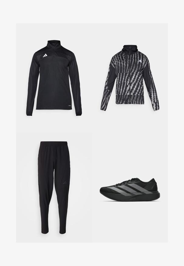 Lettet sort jakke med et geometrisk hvidt mønster. Inkluderer en høj krave, fuld lynlås fortil og lange ærmer.; Sort atletisk pullover med lange ærmer, kvart lynlås krave, tekstureret øverste panel og hvide logo-accenter på venstre skulder.; Sorte træningsbukser med elastisk talje, tætsiddende design, sidelommer og diskret logo-detail. Fremstillet af fleksibelt, åndbart stof.; Sorte atletiske sko med et let design, der har tre fremtrædende grå striber, en glat overflade og en formet sål.