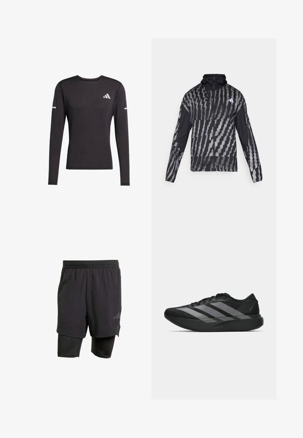 Lichte zwarte jas met een geometrisch wit patroon. Bevat een hoge kraag, volledige rits aan de voorkant en lange mouwen.; Zwart longsleeve sportshirt van gladde stof, met een ronde hals, reflecterende accenten op de mouwen en een logo op de borst.; Zwarte sportshorts met geïntegreerde binnenlaag, gemaakt van ademend materiaal. Bevat een subtiele logo en gestructureerde textuur. Verstelbare tailleband.; Zwarte sportieve schoenen met een lichtgewicht ontwerp, voorzien van drie opvallende grijze strepen, een gladde textuur en een gevormde zool.