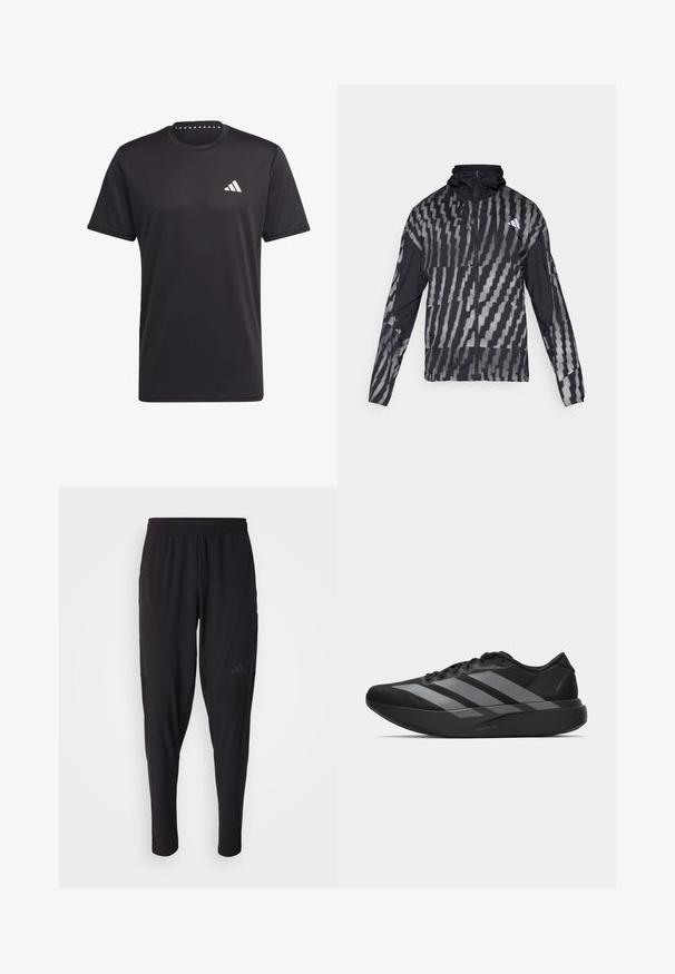 Kerge must jakk, millel on geomeetriline valge muster. Sisaldab kõrget kaelust, täispikkuse visiiri ning pikki varrukaid.; Must must t-särk, mis on valmistatud hingavast kangast, ümarate krae, lühikeste varrukate ja valge logoga rinnal. Tekstuuriga disain.; Mustad mustat spordipüksid elastse vöökohtaga, kitseneva disaini, küljetaskute ja peene logodetailiga. Valmistatud paindlikust ja hingavast kangast.; Must have mustangid! Need light and trendy athletic shoes? These black sneakers have a streamlined design featuring three large hallal gray stripes. Their smooth texture and ergonomically contoured sole provide ultimate comfort.