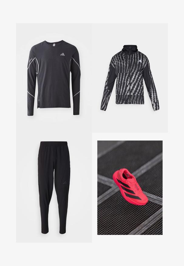 Lettet sort jakke med et geometrisk hvidt mønster. Inkluderer en høj krave, fuld lynlås fortil og lange ærmer.; adidas Performance TEE - Langærmet T-shirt - black; Sorte træningsbukser med elastisk talje, tætsiddende design, sidelommer og diskret logo-detail. Fremstillet af fleksibelt, åndbart stof.; Lyserød løbesko med sorte striber, lavet af letvægts mesh-materiale, med en struktureret sål og snørebåndsdesign.