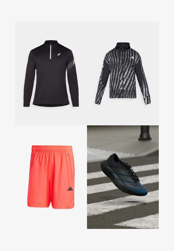 Giacca nera leggera con un motivo geometrico bianco. Include un colletto alto, zip frontale completa e maniche lunghe.; Maglietta nera a maniche lunghe con colletto a mezza zip, tessuto testurizzato e un logo bianco a contrasto sul petto, con un motivo a pois sulla manica.; Pantaloni sportivi arancioni neon con cintura elastica, due tasche laterali con zip e logo Adidas nero in basso a sinistra.; Scarpa sportiva nera e blu con un design aerodinamico, presenta una tomaia testurizzata, strisce a contrasto e una suola ammortizzata, sospesa sopra l'asfalto.
