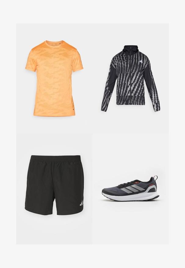 Lengvas juodas švarkas su geometriniu baltu raštu. Su aukšta apykakle, pilnu užtrauktuku ir ilgomis rankovėmis.; Oranžinės kamufliažo rašto trumpomis rankovėmis marškinėliai su apvaliu kaklu ir subtiliu tekstūruotu audiniu. Šone įsiūtas skeltukas ties apatine dalimi. Lengvas dizainas.; Juodi sportiniai šortai su elastinga juosmena, šoninėmis plyšiais ir atspindinčiais logotipais. Pagaminti iš lengvos, lygaus audinio.; Juodai bėgimo batai su pilkais akcentais. Turi tekstūruotą viršutinę dalį, tvirtą padą ir atspindinčius juosteles. Lengvas dizainas su paminkštinta vidurinė dalimi.