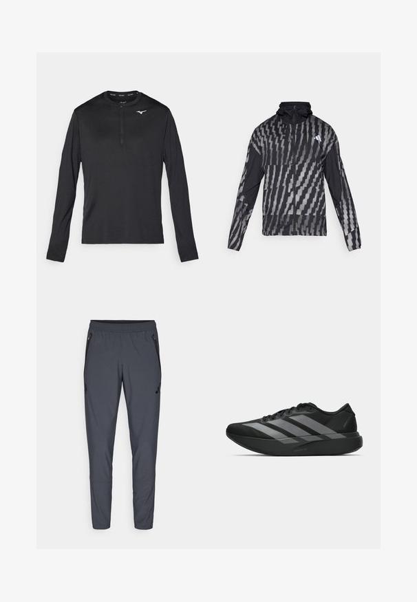 Lettet sort jakke med et geometrisk hvidt mønster. Inkluderer en høj krave, fuld lynlås fortil og lange ærmer.; Langærmet atletisk skjorte i sort, med en halv-zip hals og et lille hvidt logo på brystet. Lavet af glat, letvægtsstof.; Grå træningsbukser med elastisk talje, lynlåslommer i siden og et logo detaljeret på venstre lår. Fremstillet af letvægtsstof.; Sorte atletiske sko med et let design, der har tre fremtrædende grå striber, en glat overflade og en formet sål.