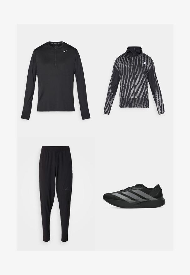 Lettet sort jakke med et geometrisk hvidt mønster. Inkluderer en høj krave, fuld lynlås fortil og lange ærmer.; Langærmet atletisk skjorte i sort, med en halv-zip hals og et lille hvidt logo på brystet. Lavet af glat, letvægtsstof.; Sorte træningsbukser med elastisk talje, tætsiddende design, sidelommer og diskret logo-detail. Fremstillet af fleksibelt, åndbart stof.; Sorte atletiske sko med et let design, der har tre fremtrædende grå striber, en glat overflade og en formet sål.