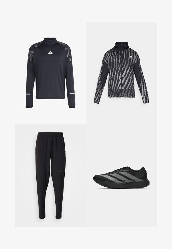 Lichte zwarte jas met een geometrisch wit patroon. Bevat een hoge kraag, volledige rits aan de voorkant en lange mouwen.; Zwarte sportieve long-sleeve shirt met een gestructureerde afwerking, hoge kraag, reflecterende accenten en een wit logo op de borst en mouwen.; Zwarte sportbroek met een elastische tailleband, taps toelopend ontwerp, zijzakken en subtiele logodetails. Gemaakt van flexibele, ademende stof.; Zwarte sportieve schoenen met een lichtgewicht ontwerp, voorzien van drie opvallende grijze strepen, een gladde textuur en een gevormde zool.