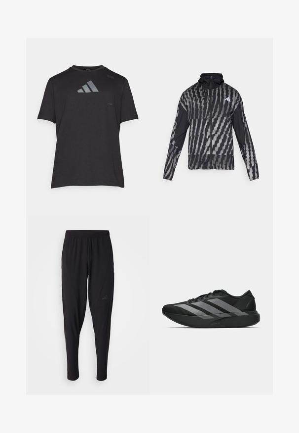 Lätt svart jacka med ett geometriskt vitt mönster. Har hög krage, full dragkedja framtill och långa ärmar.; Svart t-shirt med kort ärm i mjukt tyg. Har en reflekterande grå Adidas-logotyp på bröstet och minimalistiska designdetaljer.; Svarta sportbyxor med elastisk midja, avsmalnande design, sidofickor och diskret logodetalj. Tillverkade av flexibelt, andningsbart tyg.; Svarta träningsskor med en lätt design, som har tre framträdande grå ränder, en slät yta och en formad sula.