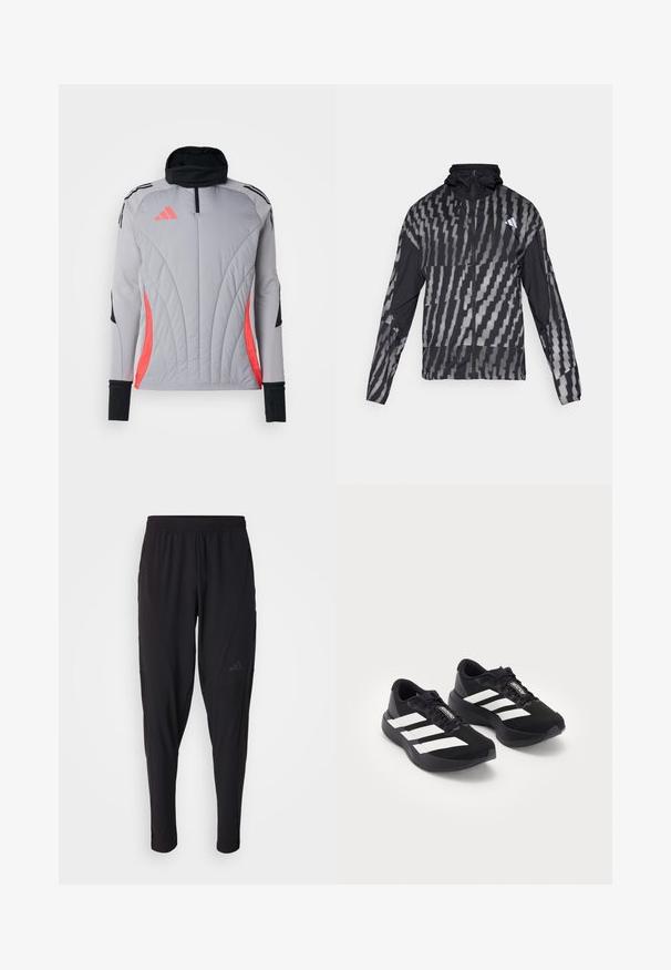 Lehká černá bunda s geometrickým bílým vzorem. Obsahuje vysoký límec, celoplošný zip a dlouhé rukávy.; adidas Performance TIRO24 WINTERIZED TOP - Top s dlouhým rukávem - light onix/shock red; Černé sportovní kalhoty s elastickým páskem, zúženým střihem, bočními kapsami a nenápadným logem. Vyrobeno z pružné, prodyšné látky.; Pár černých běžeckých bot Adidas Adizero s bílými pruhy a tkaničkami na bílém pozadí, umístěný vedle sebe.