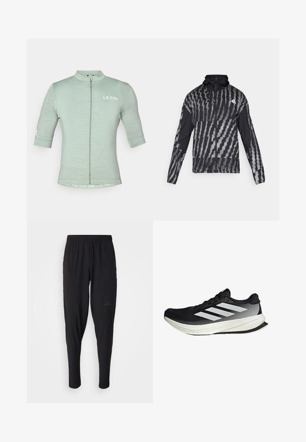 Lagani crni jakna s geometrijskim bijelim uzorkom. Ima visoki ovratnik, puni zip sprijeda i dugačke rukave.; Svijetlozelena kratkoročna biciklistička majica s patentnim zatvaračem sprijeda, reflektirajućim logotipom i minimalističkim dizajnom; teksturirana tkanina s uskim fitom.; Crne sportske hlače s elastičnim pojasom, suženim dizajnom, bočnim džepovima i suptilnim logotipom. Izrađene od fleksibilne, prozračne tkanine.; Crna atletska cipela s mrežastim dizajnom, koja ima bijele pruge, zaobljeni vrh i teksturiranu potplate za prianjanje i potporu.