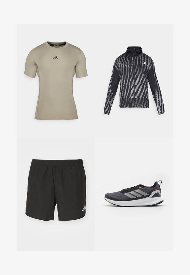 Ελαφρύ μαύρο μπουφάν με γεωμετρικό λευκό σχέδιο. Περιλαμβάνει υψηλό γιακά, πλήρες φερμουάρ και μακριά μανίκια.; Κοντομάνικη αθλητική μπλούζα σε ανοιχτό μπεζ, φτιαγμένη από λείο, ελαστικό υλικό. Διαθέτει μαύρο λογότυπο στο στήθος και στρογγυλή λαιμόκοψη.; Μαύρες αθλητικές βερμούδες με ελαστική μέση, πλάγιες σκισίματα και ανακλαστικά λογότυπα. Φτιαγμένες από ελαφρύ, μαλακό ύφασμα.; Αθλητικά παπούτσια τρέξιμου σε μαύρο χρώμα με γκρι λεπτομέρειες. Διαθέτουν υφή στην επάνω πλευρά, ανθεκτική σόλα και ανακλαστικές ρίγες. Ελαφρύ σχέδιο με μαξιλαρωμένη ενδιάμεση σόλα.