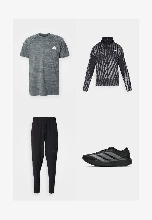 Kerge must jakk, millel on geomeetriline valge muster. Sisaldab kõrget kaelust, täispikkuse visiiri ning pikki varrukaid.; Hallhalli hallitus T-särk, millel on tekstureeritud heatherdisain. Omab lühikesi varrukaid, raglanõla õmblusi ja valget logo aktsenti.; Mustad mustat spordipüksid elastse vöökohtaga, kitseneva disaini, küljetaskute ja peene logodetailiga. Valmistatud paindlikust ja hingavast kangast.; Must have mustangid! Need light and trendy athletic shoes? These black sneakers have a streamlined design featuring three large hallal gray stripes. Their smooth texture and ergonomically contoured sole provide ultimate comfort.