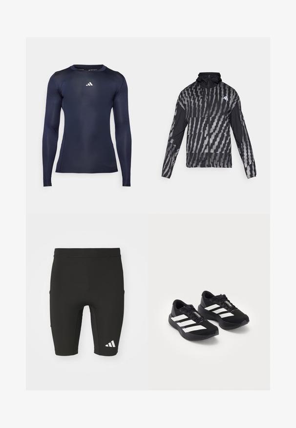 Ľahká čierna bunda s geometrickým bielym vzorom. Obsahuje vysoký golier, plný zips na prednej strane a dlhé rukávy.; Námornícky dlhý rukáv športového trička vyrobeného z hladkej elastickej tkaniny. Má zaoblený výstrih a malé biele logo na hrudi.; Čierne športové šortky s tesným strihom, vyrobené z elastického materiálu. Obsahujú tri vrecká a biele logo Adidas na dolnej časti nohavice.; Pár čiernych bežeckých topánok Adidas Adizero s bielymi pruhmi a šnúrkami na bielom pozadí, umiestnených vedľa seba.