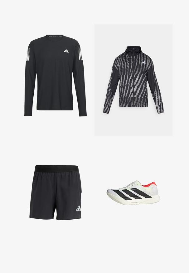 Ľahká čierna bunda s geometrickým bielym vzorom. Obsahuje vysoký golier, plný zips na prednej strane a dlhé rukávy.; Čierna dlhá košeľa s dlhým rukávom vyrobená z ľahkej tkaniny, so zaobleným výstrihom, textúrovaným povrchom a bielym logom s tromi pruhmi na rukávoch.; Čierne športové šortky s elastickým pásom, s hladkou textúrou a reflexným bielym logom na dolnej ľavej strane.; Biele športové topánky s čiernymi diagonálnymi pruhmi, červenými akcentmi na päte a textúrovaným zvrškom; obsahujú tlmenie LIGHTSTRIKE PRO.