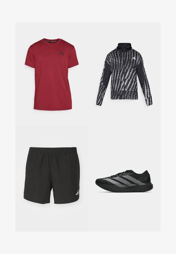 Könnyű fekete dzseki, geometrikus fehér mintával. Magas gallérral, teljes cipzárral és hosszú ujjal rendelkezik.; Under Armour LOGO HEAVYWEIGHT - Basic póló - cardinal/black; Fekete sportos rövidnadrág rugalmas derékkal, oldalsó hasítékokkal és fényvisszaverő logókkal. Könnyű, sima anyagból készült.; Fekete sportcipők könnyű kialakítással, három kiemelkedő szürke csíkkal, sima textúrával és kontúros talppal.