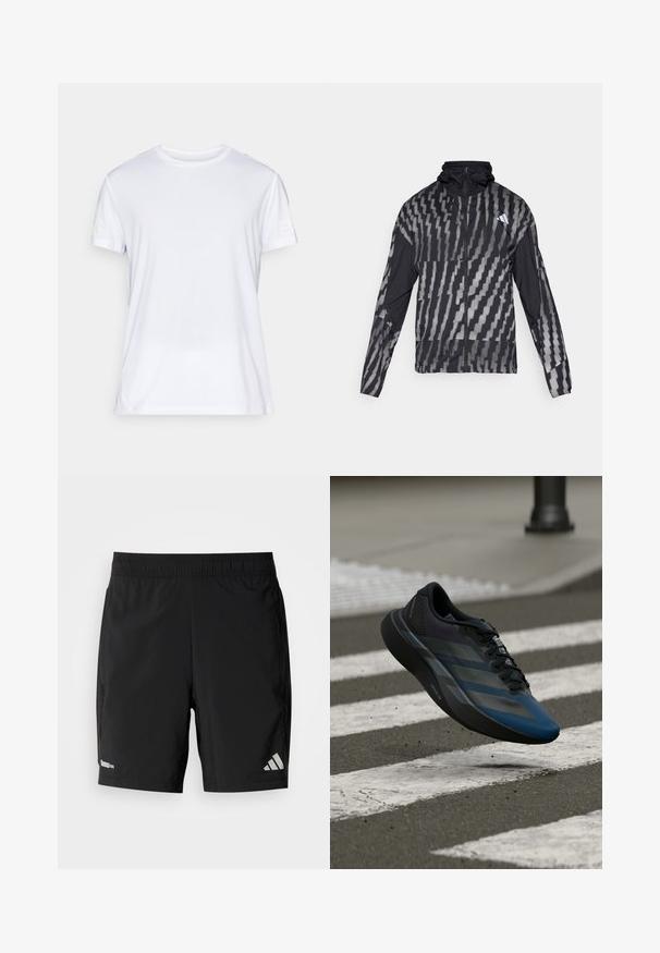 Kerge must jakk, millel on geomeetriline valge muster. Sisaldab kõrget kaelust, täispikkuse visiiri ning pikki varrukaid.; Valge lühikeste varrukatega T-särk, mis on valmistatud kergest kangast. Omab ringlõike ja diskreetset tekstuurset mustrit. Logo on trükitud varrukale.; Mustad kergekaalulised spordipüksid, millel on elastne talje, küljetaskud ja ühe sääre peal helkiv logo.; Must ja sinine spordijalats voolava disainiga, millel on tekstureeritud üliskihiga, kontrastsed triibud ja pehme tallaga, hõljumas asfaldipinna kohal.