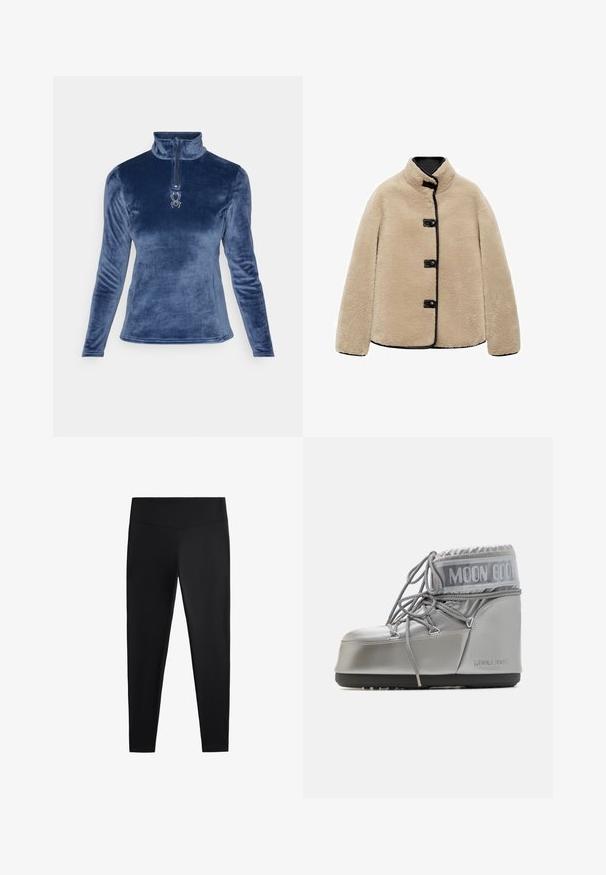 Beige Kunstfelljacke mit hohem Kragen, schwarzem Besatz und vier schwarzen Knöpfen. Sie hat eine kastige Form und eine weiche, strukturierte Oberfläche.; Spyder SHIMMER BUG 1/2 ZIP - Fleecepullover - true navy; Schwarze Leggings aus glattem, dehnbarem Stoff. Mit einem breiten Bund und tailliertem Bein Design, geeignet für aktive oder lässige Kleidung.; Silberner wasserdichter Stiefel mit runder Form, strukturiertem Finish und grauen Schnürsenkeln. Besitzt ein großes "MOON BOOT"-Logo im oberen Bereich.