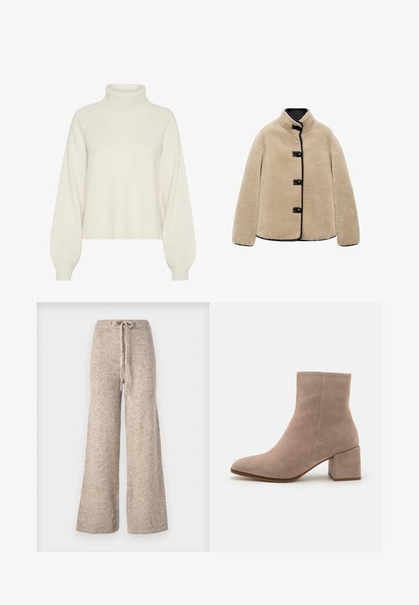 Bež jakna iz umetnega krzna z visokim ovratnikom, črnimi obrobami in štirimi črnimi gumbi. Ima škatlasto obliko in mehko, teksturno površino.; Gestuz MANZI - Pulover - white onyx; Bež hlače širokega kroja so narejene iz teksturirane pletene tkanine, s pasom na vrvico in sproščenim krojem.; Bež usnjeni gležnjarji s koničastim nosom in debelim kvadratnim peto. Površina je gladka z mehko teksturo in minimalnimi detajli.