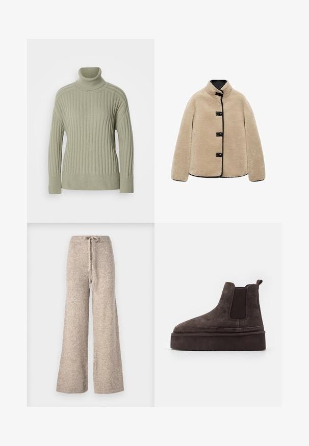 Giacca in pelliccia sintetica beige con colletto alto, bordi neri e quattro bottoni neri. Presenta una forma squadrata e una superficie morbida e testurizzata.; Maglione a collo alto verde chiaro realizzato in tessuto a costine. Design con spalle scese, dettagli cucitura minimal e maniche lunghe.; Pantaloni beige a gamba larga realizzati in tessuto a maglia testurizzata, con vita regolabile e vestibilità comoda.; Stivali Chelsea in suede marrone con pannelli laterali elastici e una suola piatta spessa e testurizzata. Presentano un'etichetta sul tallone per facilitare l'indossamento.