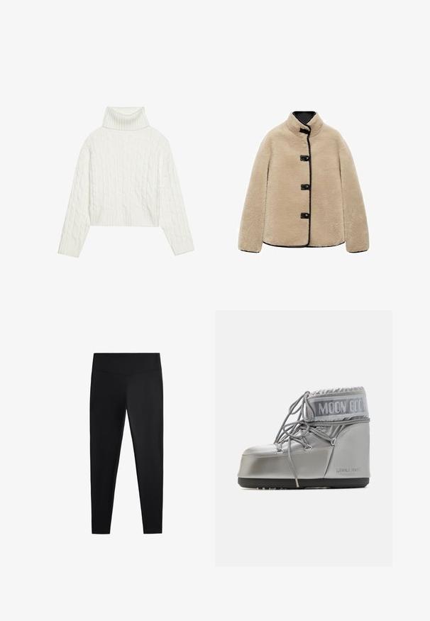 Bež jakna iz umetnega krzna z visokim ovratnikom, črnimi obrobami in štirimi črnimi gumbi. Ima škatlasto obliko in mehko, teksturno površino.; Bela jopica s kabelskim pletenjem in turtleneck ovratnikom, ki ima skrajšan kroj, z rebrastimi manšetami in robom. Mehka tekstura z udobnim, masivnim oblikovanjem.; Črne legice iz gladkega, raztegljivega blaga. Imajo širok pas in zožen dizajn nog, primeren za aktivno ali vsakodnevno nošenje.; Srebrna vodoodporna čevlja z zaobljeno obliko, teksturirano površino in sivimi vezalkami. Ima poudarjen logo "MOON BOOT" v zgornjem delu.