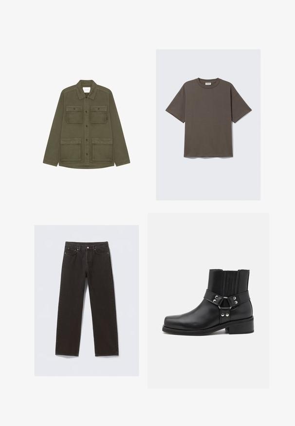 Oliivroheline nööpidega jakk, millel on neli eesmist klapiga taskut ja krae, mõeldud igapäevaseks kandmiseks.; Tume roheline puuvillane T-särgi, millel on ümar kaelus, lühikesed varrukad ja lõdva istuvus, millel on silt, mis ütleb "WEEKDAY."; Mustmustelged teksased otse jalgade kujundusega, viie taskuga ja vaskvärvi õmblustega. Sujuv tekstuur, klassikaline nööbiga kinnitamine vööl.; The Kooples CHAUSSURES - Kauboi/mootorratturi poolsaapad - black