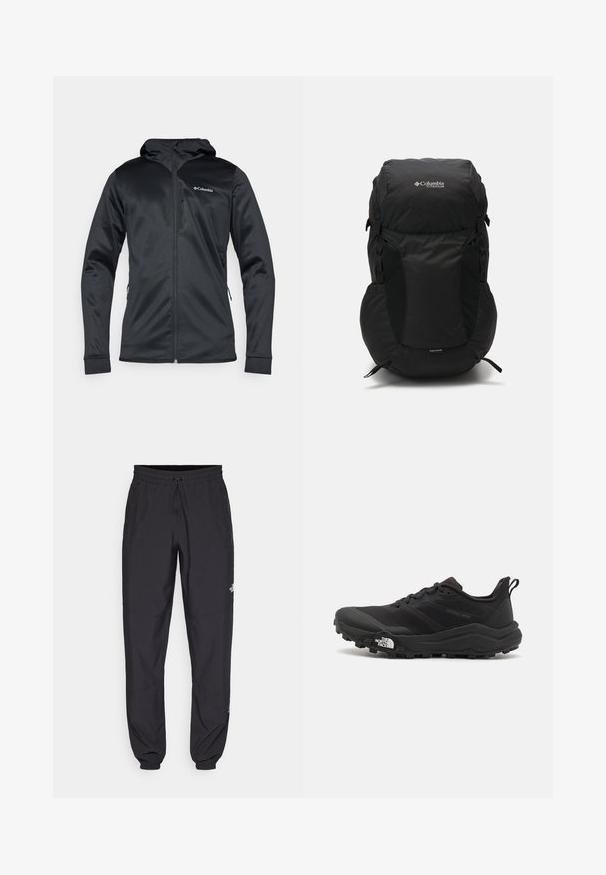 Giacca a vento nera imbottita con zip frontale, cappuccio, texture trapuntata e logo Columbia sul petto. Foderata con un materiale a contrasto con motivo.; Giacca nera con zip realizzata in materiale leggero, dotata di cappuccio, con logo sul lato sinistro del petto e tasche laterali con zip.; T-shirt nero a maniche corte realizzata in tessuto leggero. Presenta un piccolo logo bianco sul lato sinistro del petto e delicati dettagli sulle spalle.; Pantaloni sportivi neri realizzati in tessuto leggero, con vita regolabile con cordino, tasche laterali e orli affusolati alle caviglie.; Scarpa da trail running nera con tomaia texture, suola in gomma e punta rinforzata. Presenta un collare imbottito e un tassello per un indossamento facile.; Zaino nero con parte superiore arrotondata, realizzato in tessuto resistente. Presenta tasche laterali in rete e un’etichetta per copertura da pioggia nella parte inferiore.