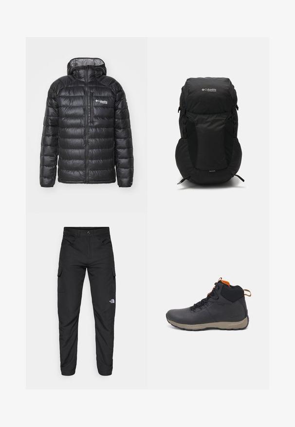 Czarna kurtka puchowa z zamkiem z przodu, kapturem, pikowaną teksturą oraz logo Columbia na klatce piersiowej. Podszewka wykonana z materiału o kontrastowym wzorze.; Czarny t-shirt z krótkim rękawem, wykonany z lekkiego materiału. Posiada małe białe logo na lewej piersi oraz subtelne akcenty na ramionach.; The North Face HORIZON czarny; Czarne wysokie buty trekkingowe z wodoodporną skórzaną cholewką, pomarańczowymi akcentami, ochronną nakładką na palce i teksturowaną gumową podeszwą zapewniającą przyczepność.; Czarna plecak z zaokrąglonym wierzchem, wykonany z trwałego materiału. Posiada boczne kieszenie z siatki oraz etykietę z pokrowcem przeciwdeszczowym na dole.