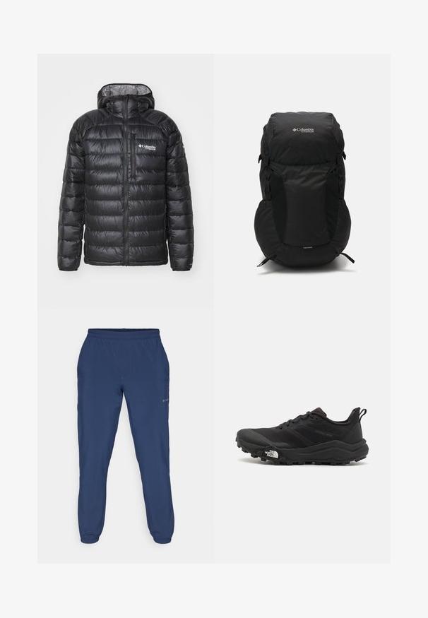 Black puffer jacket with a zip front, hood, quilted texture, and Columbia logo on the chest. Lined with a contrasting patterned material.; Black short-sleeve T-shirt made from lightweight fabric. Features a small white logo on the left chest and subtle shoulder accents.; Navy blue pants made from a soft material with an elastic waistband and elastic cuffs, featuring a subtle logo on the side.; Black trail running shoe with a textured upper, rubber sole, and reinforced toe cap. Features a padded collar and pull tab for easy wear.; Black backpack with a rounded top, made from durable fabric. Features side mesh pockets and a rain cover label at the bottom.