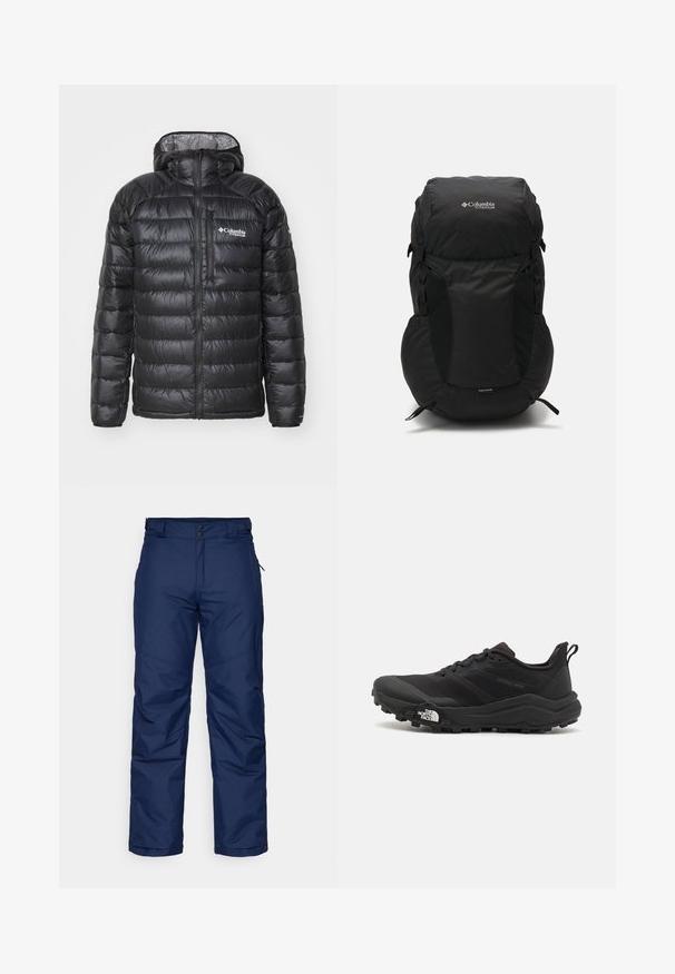 Juodas pūkuotas striukė su užtrauktuku priekyje, gobtuvu, siūtu tekstūru ir "Columbia" logotipu ant krūtinės. Išklota su kontrastinga raštuota medžiaga.; Juodas trumpas rankovės marškinėliai, pagaminti iš lengvos medžiagos. Yra mažas baltas logotipas kairiajame krūtinės pusėje ir subtilūs pečių akcentai.; Tamsiai mėlynos izoliacinės sniego kelnės su tiesiomis kojomis, turinčios du priekiniai mygtukai, šoninės kišenės ir lygią, struktūruotą medžiagą.; Juoda bėgimo batai su tekstūruotu paviršiumi, guma padais ir sustiprinta pirštų dalimi. Yra paminkštinta apykaklė ir kilpos, leidžiančios lengvai užsidėti.; Juodas kuprinė su apvaliu viršumi, pagaminta iš patvarios medžiagos. Yra šoniniai tinkliniai kišeniai ir lietaus apsaugos etiketas apačioje.