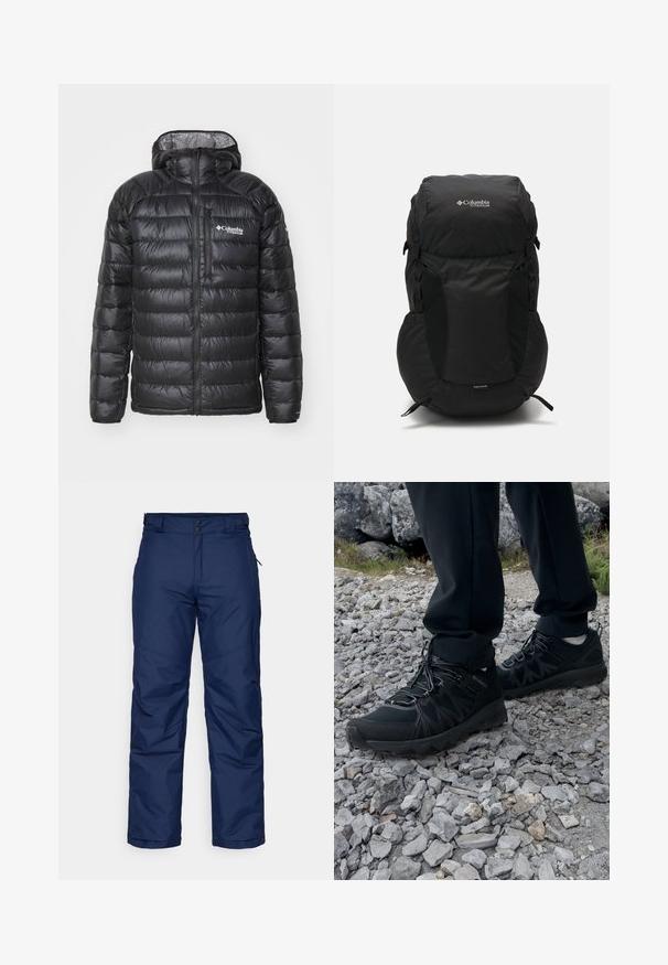 Mustat puffatakki, jossa on vetskari, huppu, tikattu pinta ja Columbian logo rinnassa. Vuorattu erikoispintamateriaalilla.; Mustapaita lyhyillä hihoilla, joka on valmistettu kevyestä kankaasta. Siinä on pieni valkoinen logo vasemmassa rinnassa ja huomaamattomia olkakoristeita.; Navy blue eristetyt lumihousut suoranlahkeisella designilla, joissa on kaksi etunappia, sivutaskut ja sileä, teksturoitu kangas.; Mustat ulkokengät, joissa on verkko- ja synteettinen materiaali, teksturoitu päällinen, varma nauhoitusjärjestelmä ja kestävä pohja kivikkoisella maastolla.; Musta reppu pyöreällä päällä, valmistettu kestävästä kankaasta. Mukana sivuverkko-taskut ja sadeviitta-etiketti alareunassa.