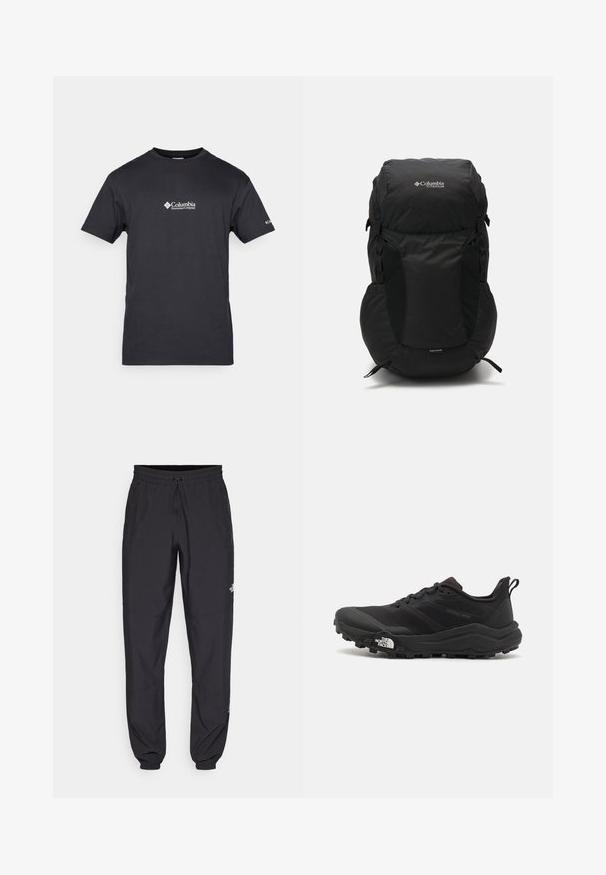 Juodas pūkuotas striukė su užtrauktuku priekyje, gobtuvu, siūtu tekstūru ir "Columbia" logotipu ant krūtinės. Išklota su kontrastinga raštuota medžiaga.; Columbia BASIC LOGO™ SHORT SLEEVE - Marškinėliai su spaudiniu - black; Juodos sportinės kelnės, pagamintos iš lengvos medžiagos, su raišteliu liemens srityje, šoniniais kišenėmis ir siaurėjantys apykaklės prie kulkšnies.; Juoda bėgimo batai su tekstūruotu paviršiumi, guma padais ir sustiprinta pirštų dalimi. Yra paminkštinta apykaklė ir kilpos, leidžiančios lengvai užsidėti.; Juodas kuprinė su apvaliu viršumi, pagaminta iš patvarios medžiagos. Yra šoniniai tinkliniai kišeniai ir lietaus apsaugos etiketas apačioje.